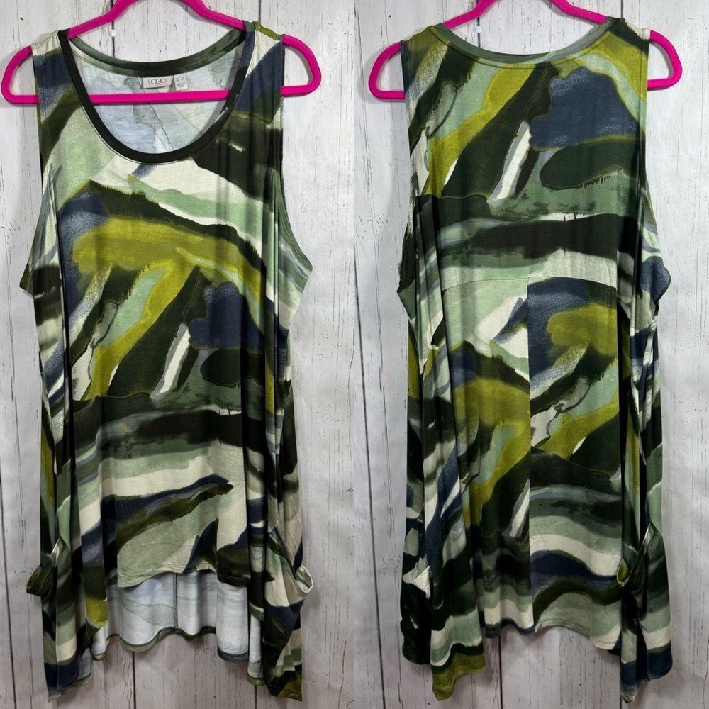 Logo Lori Goldstein Abstract Green Print Sleeveless Swing Tunic Top Lagenlook 3X